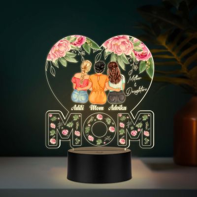 Personalized Mom with Two Daughters Acrylic LED Lamp with UV Print – Warm White Night Light Mother’s Day Gift